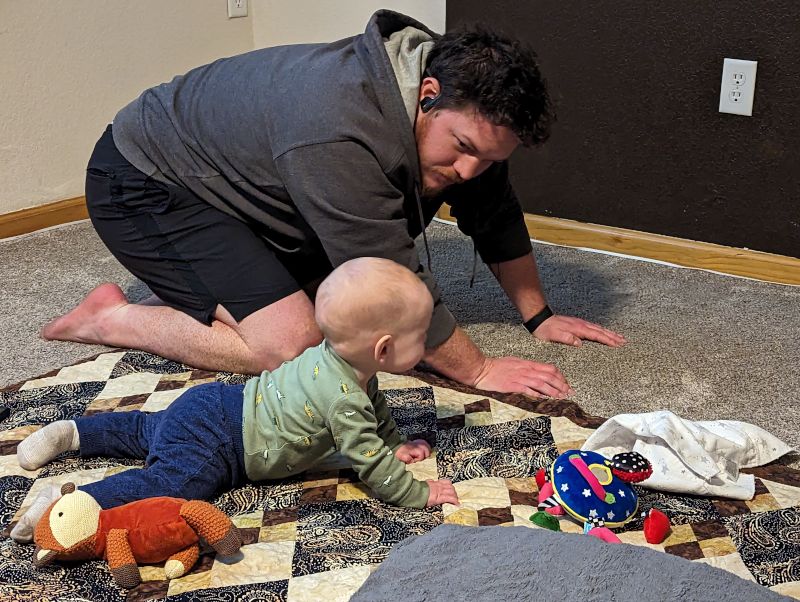 Monte Helping Our Nephew Jack Learn to Crawl